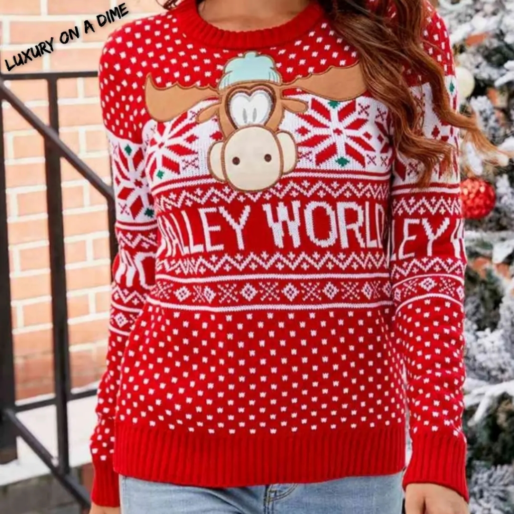 Wally World Knit Christmas Round Neck Embroidered Moose Pullover Holiday Sweater